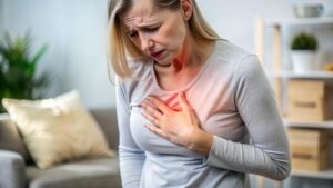Mulher com dor aguda no peito, o que pode ser um sintoma do estresse crônico e doenças cardiovasculares