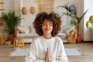 Mulher sentada em sua sala meditando 