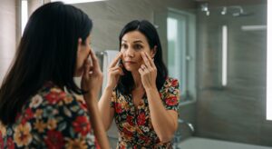 Mulher cuidado da sua visão em casa, com autoexame no banheiro.